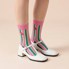Load image into Gallery viewer, Watermelon Stripes Combed Cotton Sheer Pop Socks in Pink