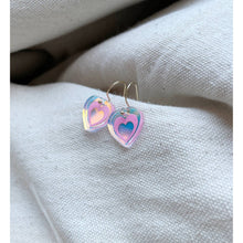 Load image into Gallery viewer, Iridescent Pink Mini Engraved Heart Drop Earrings