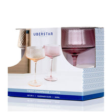 Load image into Gallery viewer, Set of 2 Pink/Peach Twist Champagne Coupe Glasses