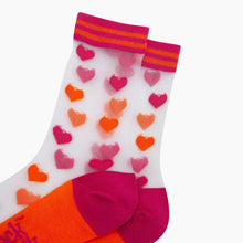 Load image into Gallery viewer, Love Hearts Combed Cotton Sheer Pop Socks in Orange/Pink
