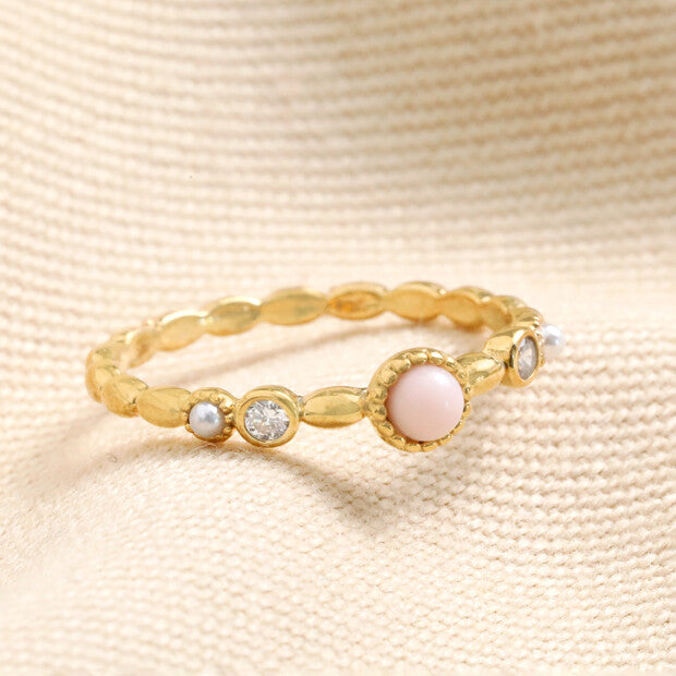 Dainty Rose Quartz and Crystal Gold Ring