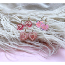 Load image into Gallery viewer, Iridescent Pink Mini Engraved Heart Drop Earrings