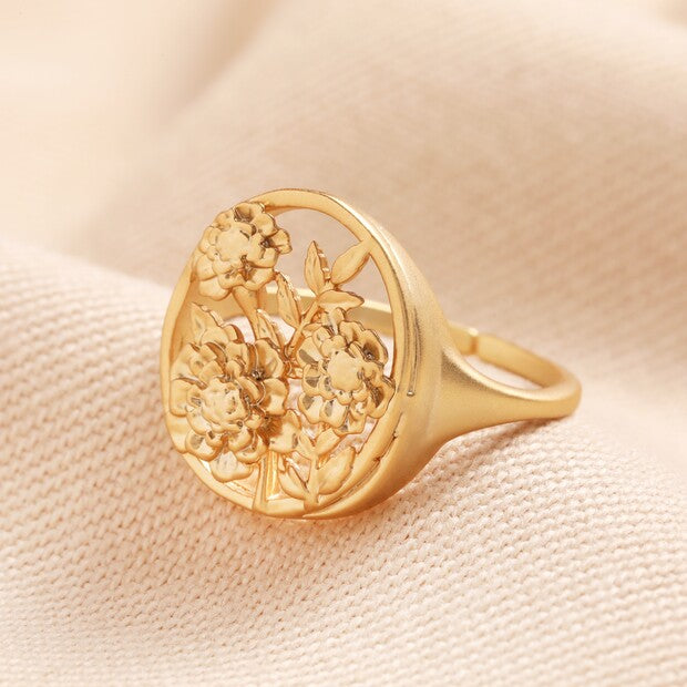 Adjustable Matte Gold Floral Signet Ring