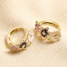 Load image into Gallery viewer, Purple Enamel Floral Huggie Hoop Earrings
