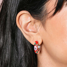 Load image into Gallery viewer, Silver & Red Cloisonne Hoop Earrings