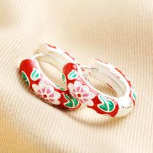 Load image into Gallery viewer, Silver & Red Cloisonne Hoop Earrings