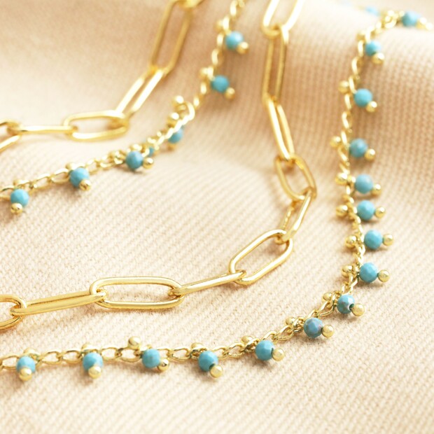 Teal Stone Droplet and Gold Cable Chain Layered Necklace