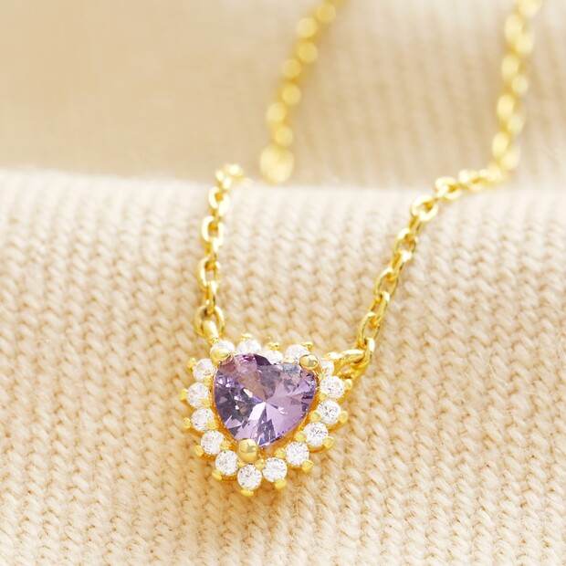 Purple Crystal Heart Gold Chain Necklace