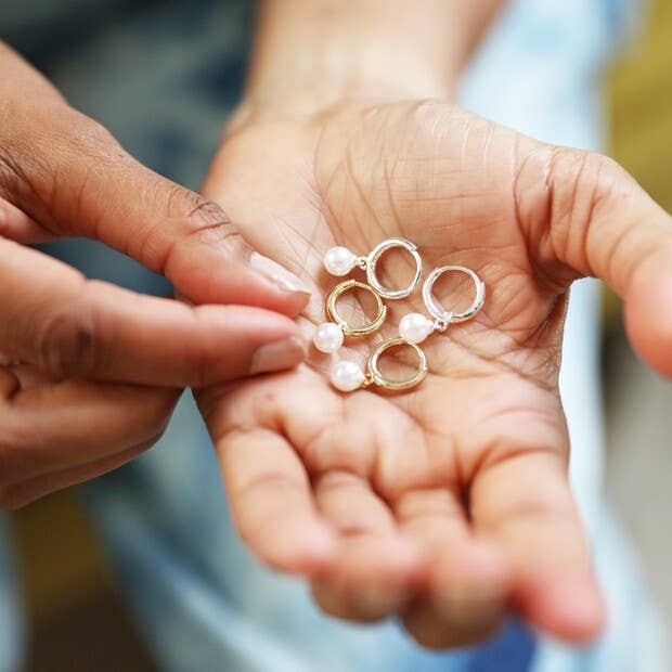 Glass Pearl Huggie Hoop Earrings