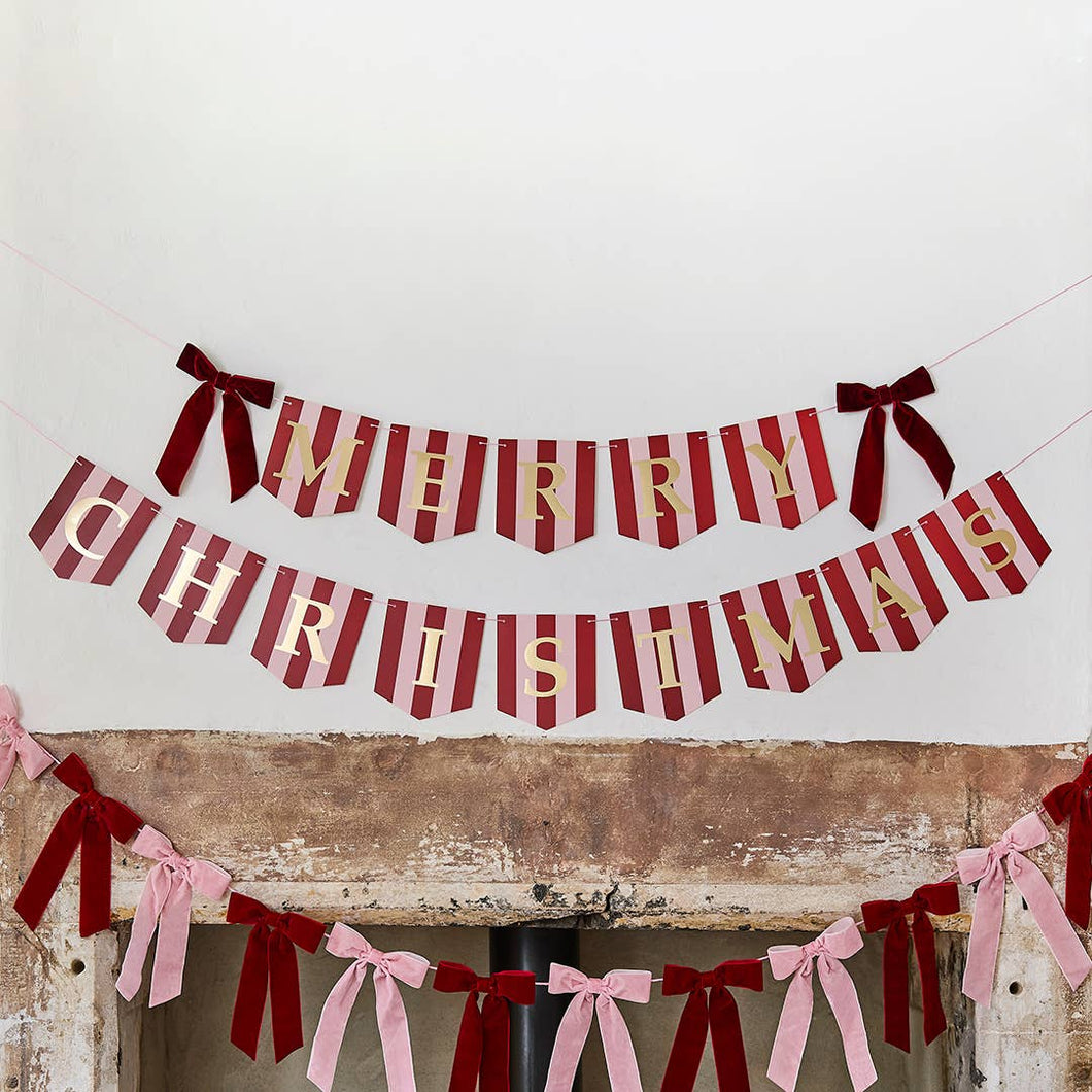 Stripey 'Merry Christmas' Card Banner With Velvet Bows