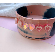 Load image into Gallery viewer, Iridescent Pink Mini Engraved Heart Drop Earrings
