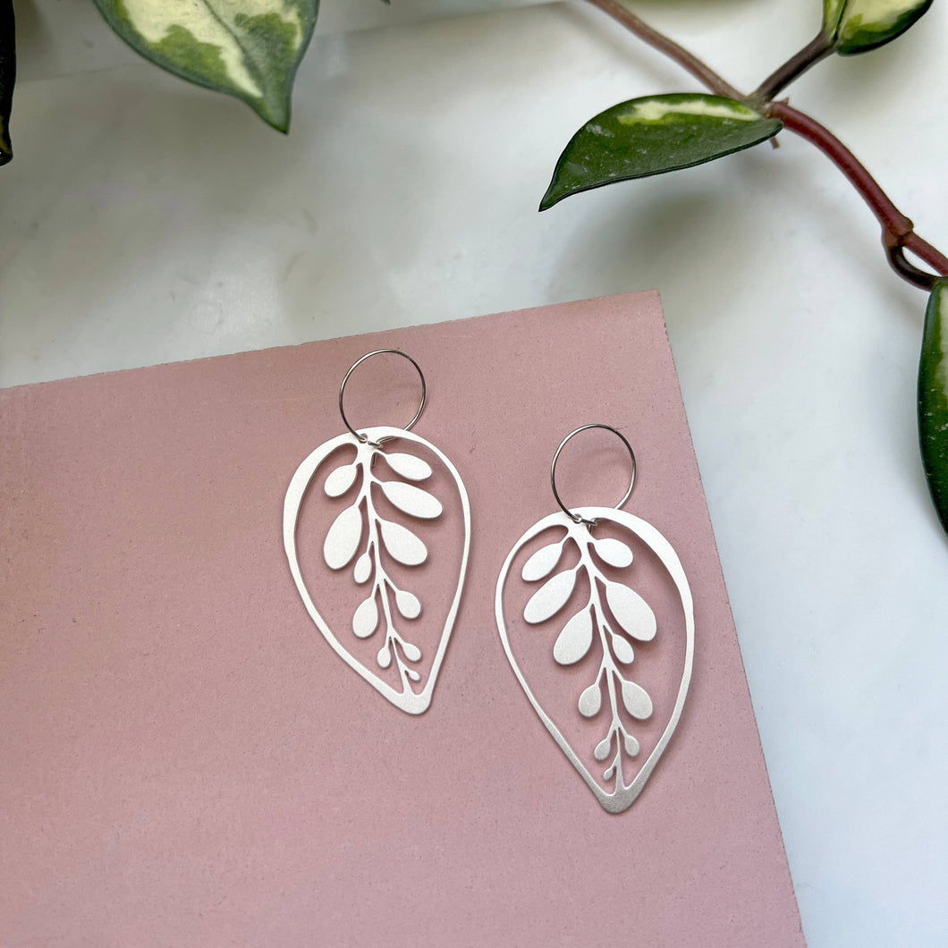 Silver Calathea Makoyana Plant Leaf Hoop Earrings
