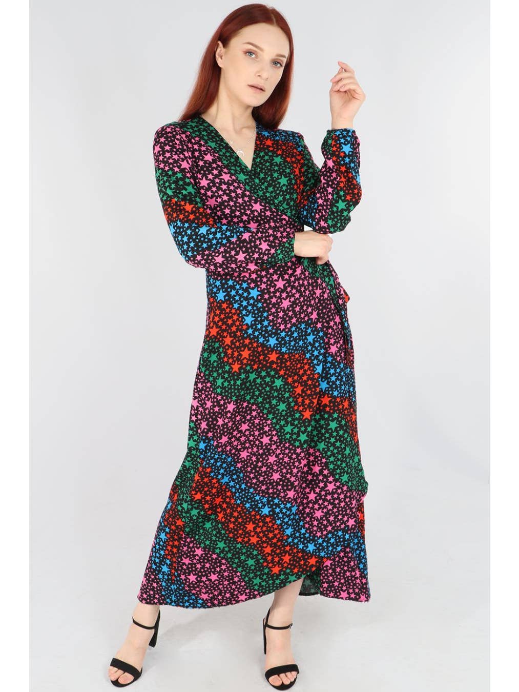 Rainbow Wave Star Print Wrap Dress