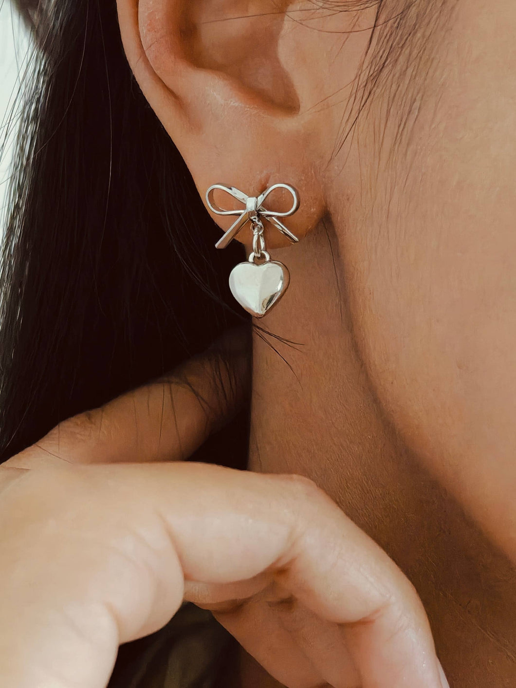 Silver Heart Bowknot Earrings