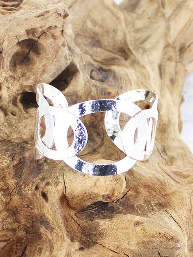 Silver Beaten Metal Rings Cuff Bracelet