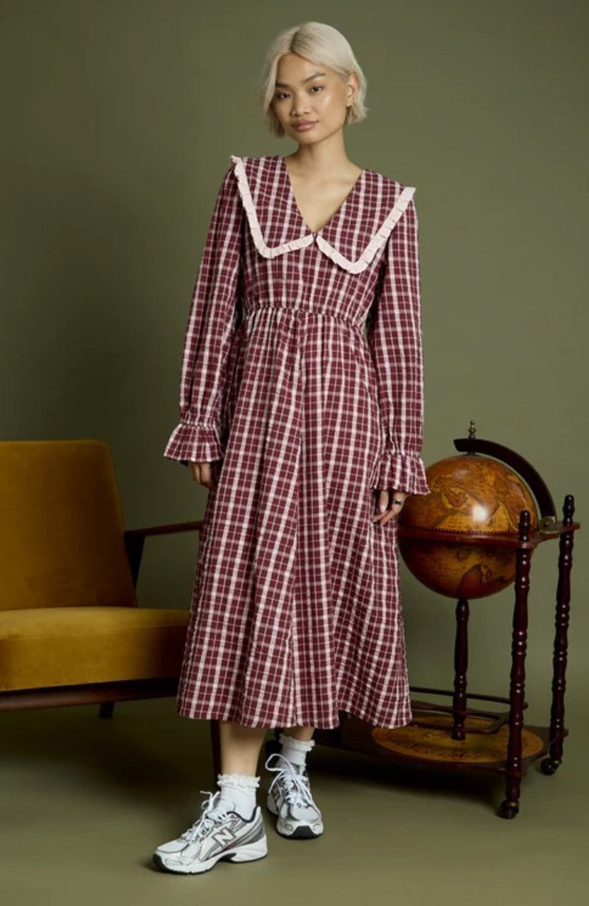 Burgundy Check Midaxi Dress – Mookau