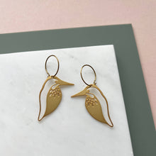 Load image into Gallery viewer, Gold Kingfisher Bird Hoop Earrings
