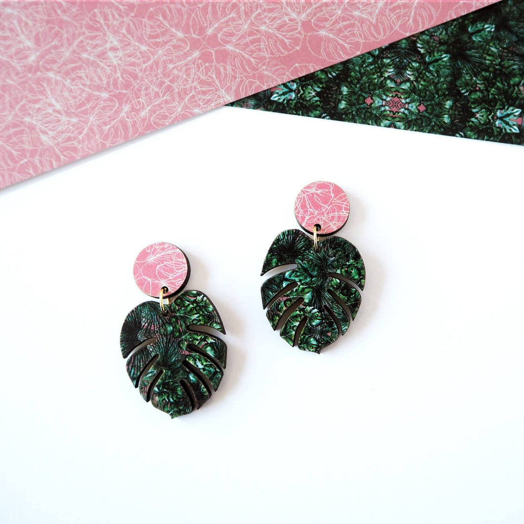 Green Monstera Drop Earrings