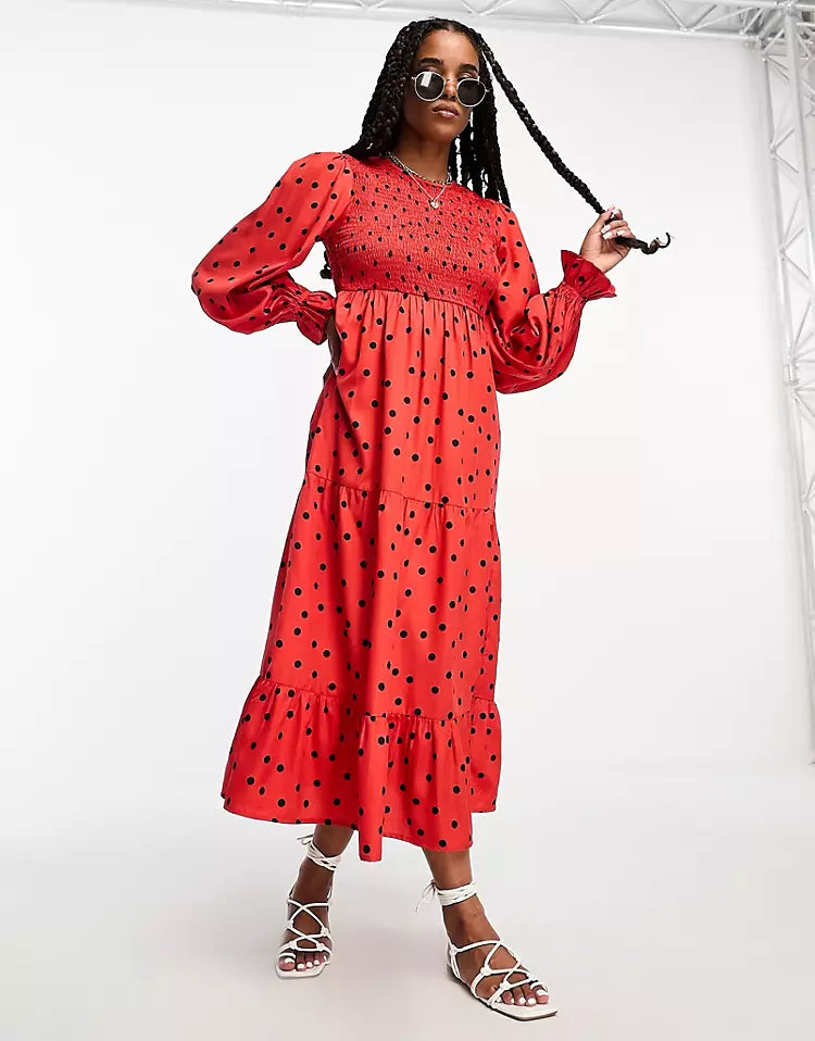 Red Polka Dot Print Midi Dress