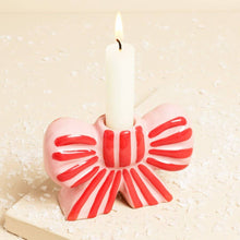 Load image into Gallery viewer, Pink and Red Stripe Bow Ceramic Candle Holder

