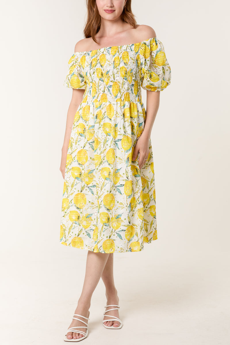 Lemon Print Broderie Anglaise Midi Dress