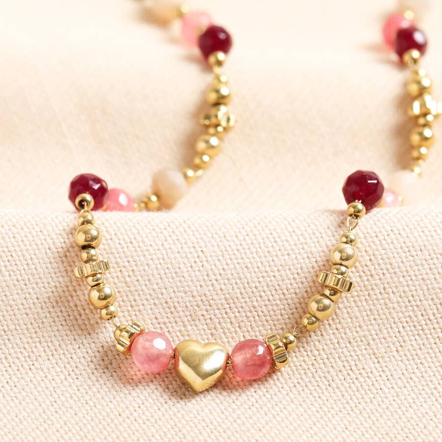 Semi Precious Pink Stone & Heart Beaded Necklace