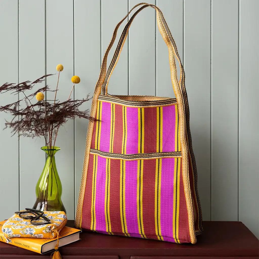 Yellow, Pink & Red Striped Side Pocket Recycled Bag