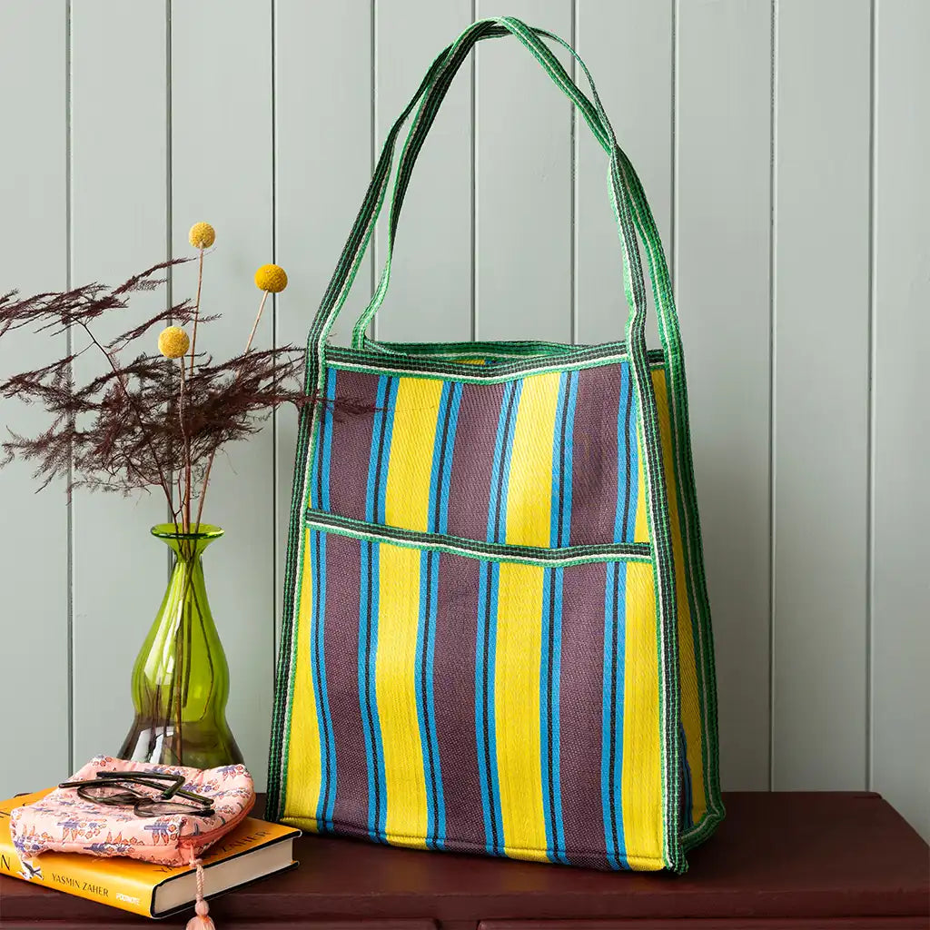 Brown, Yellow & Teal Striped Side Pocket Recycled Bag