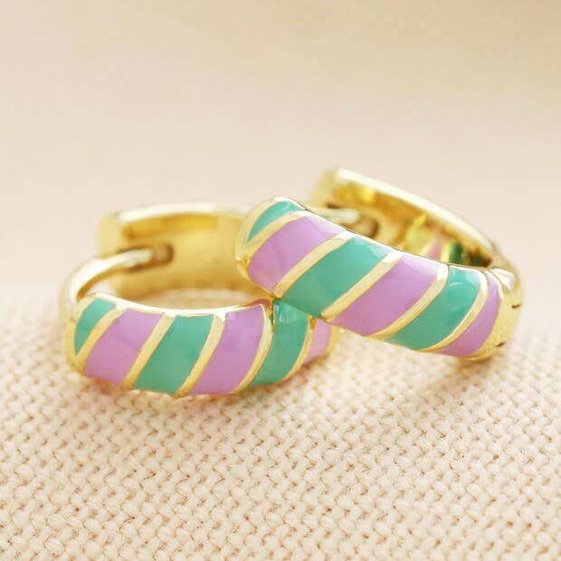 Purple & Green Enamel Striped Huggie Hoop Earring