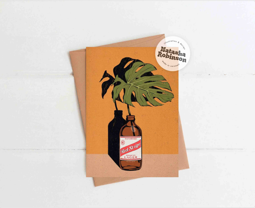 Red Stripe Beer & Monstera Greetings Card