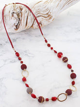Load image into Gallery viewer, Red Beaded Necklace with Beaten Rings
