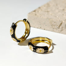 Load image into Gallery viewer, Black Enamel Daisy Huggie Hoop Earrings
