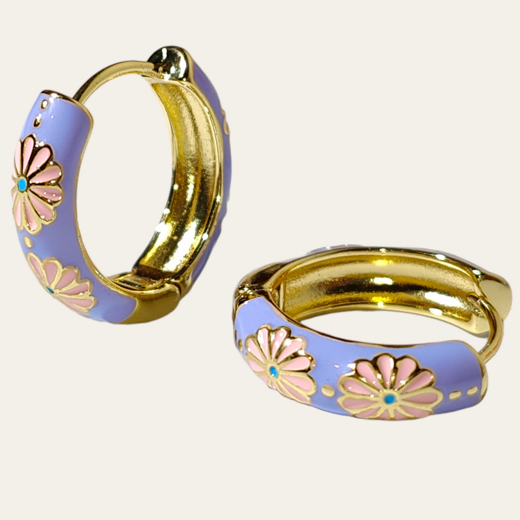 Purple Enamel Flower Huggie Hoop Earrings