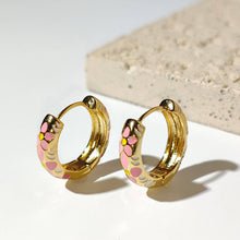 Load image into Gallery viewer, Pink Enamel Flower Huggie Hoop Earrings
