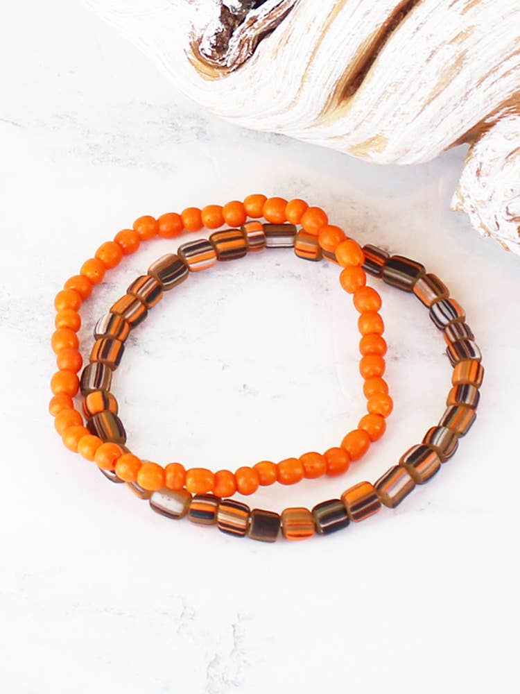 Set of 2 Elasticated Orange Glass Bead Bracelets