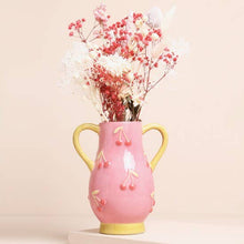 Load image into Gallery viewer, Pink and Yellow Embossed Cherry Ceramic Vase
