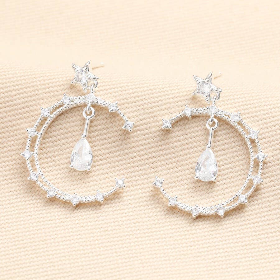 Silver Crystal Moon and Teardrop Drop Earrings