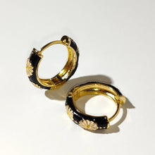 Load image into Gallery viewer, Black Enamel Daisy Huggie Hoop Earrings
