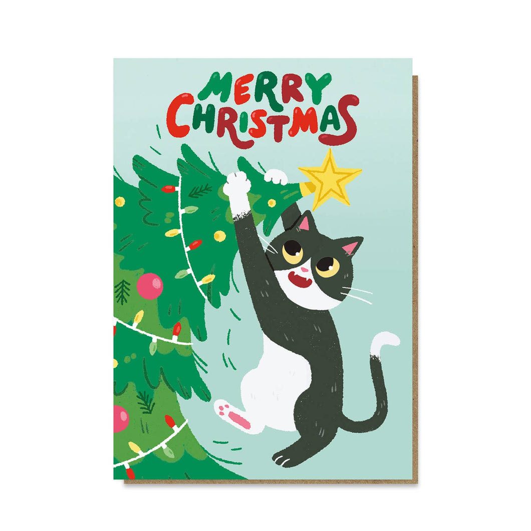 Cat in Tree Christmas Greetings Card