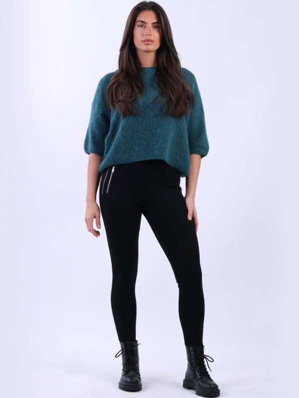 Teal Short Sleeved Wool Mix Cropped Sweater