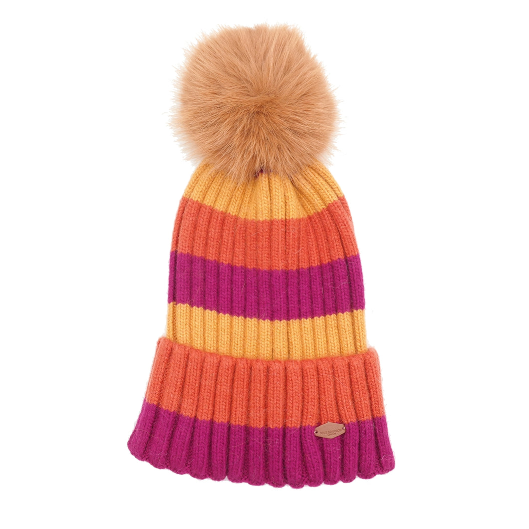 Orange & Pink Striped Bobble Hat