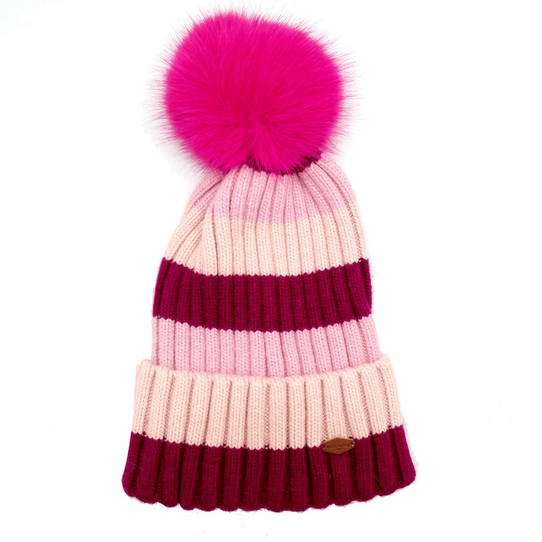 Pink Striped Bobble Hat