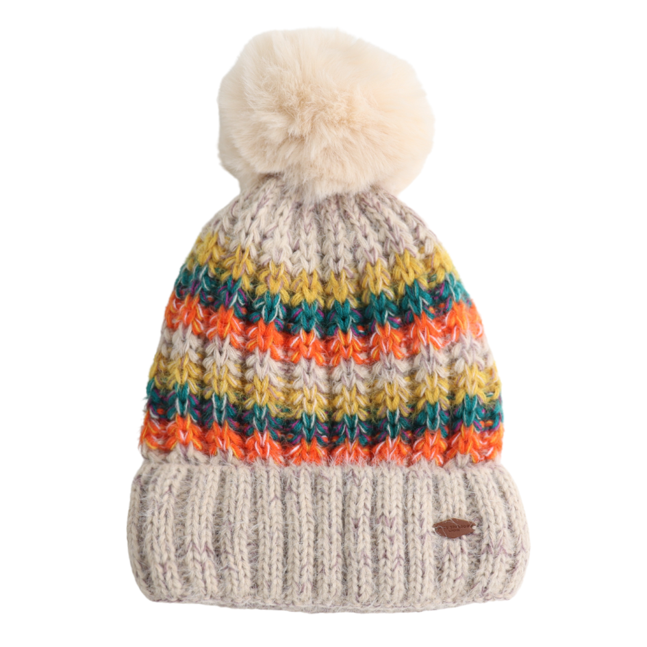 Cream Stripes Knitted Bobble Hat