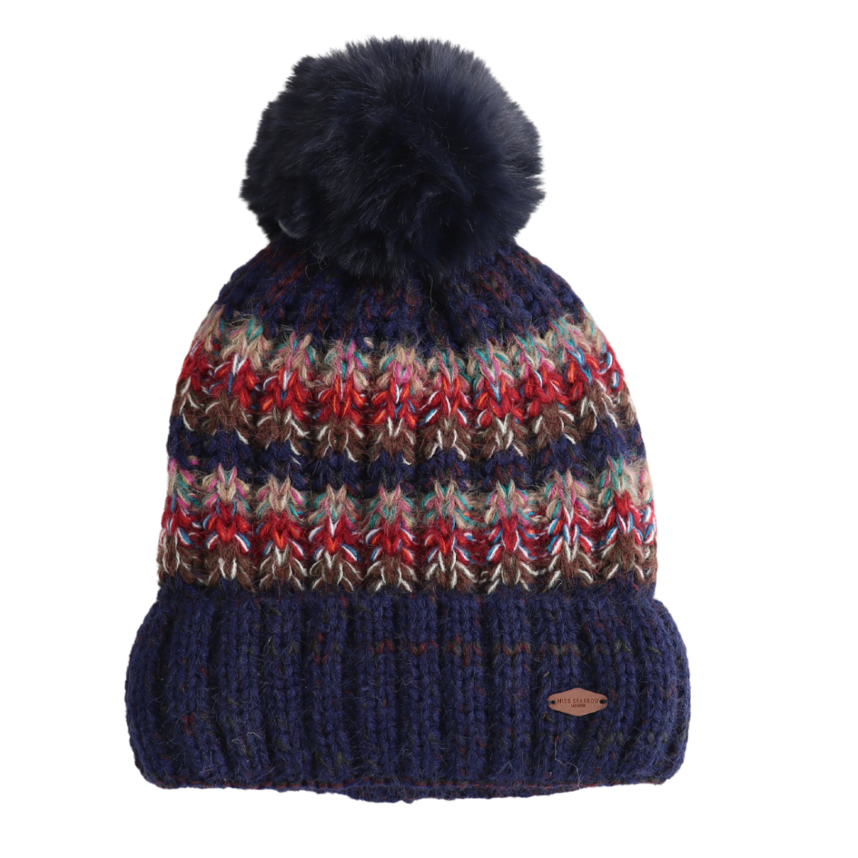 Navy Stripes Knitted Bobble Hat