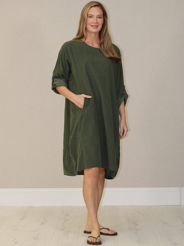 Forest Green Tabbed Sleeve Corduroy Dress