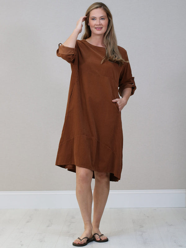 Rust Tabbed Sleeve Corduroy Dress