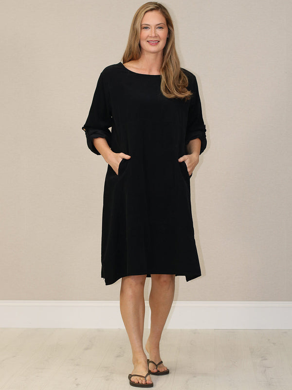 Black Tabbed Sleeve Corduroy Dress