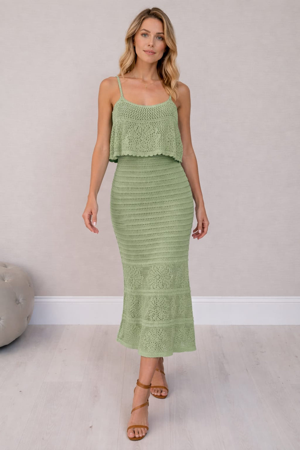 Sage Green Crochet Knit Maxi Dress Mookau Sage Green Crochet Knit Maxi Dress Mookau
