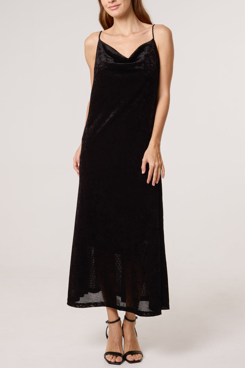 Black Cowl Neck Velvet Slip Dress