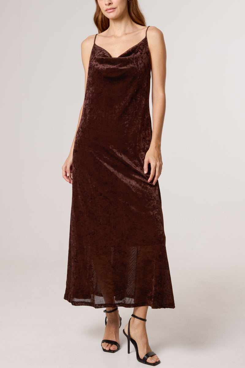 Chocolate Cowl Neck Velvet Slip Dress